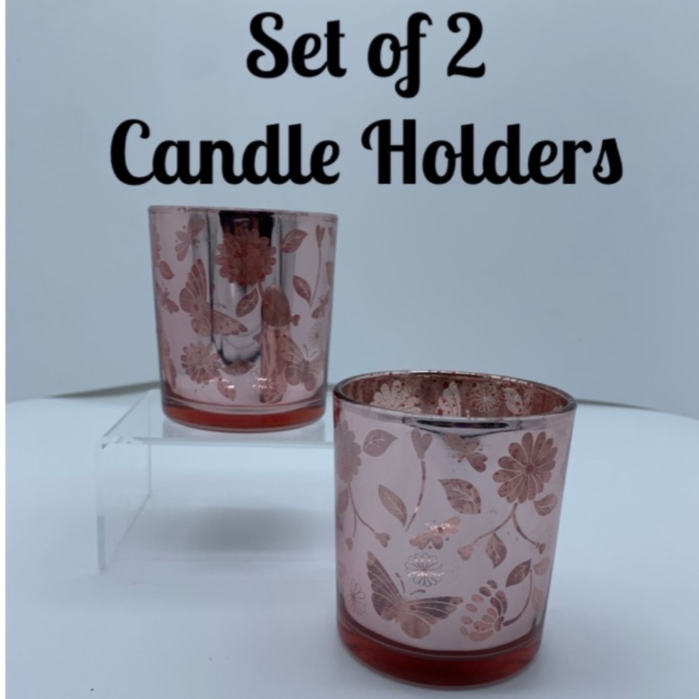 EUC 2 Candle Holders in Pink w/ Butterflies & Flowers for Votives or Tea Lights - Picture 1 of 3